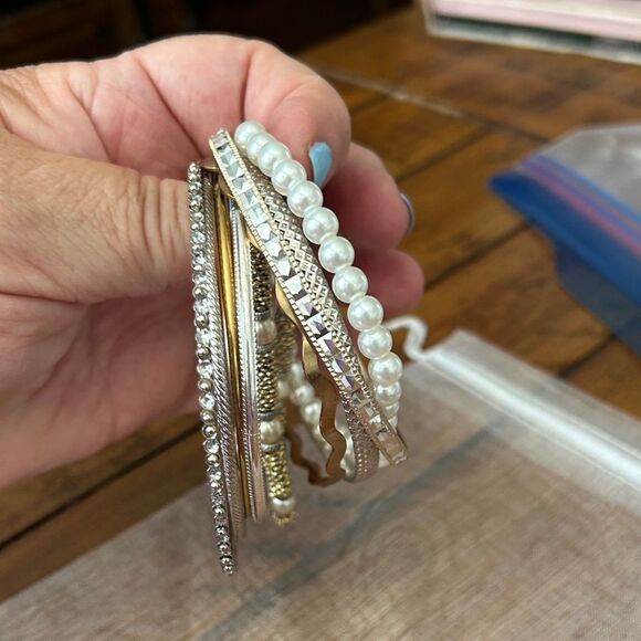 Vintage to Modern Gold and Silver Bangle Set with Pearls 9 total - Picture 4 of 4